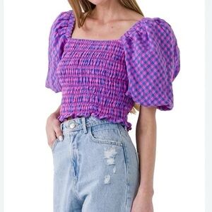 Endless Rose gingham puff sleeve smocked top